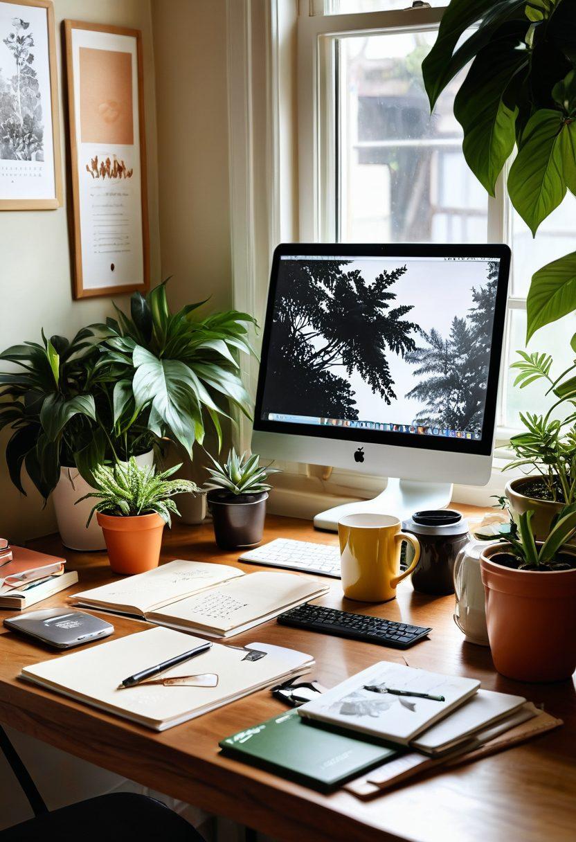 A cozy, inviting workspace filled with a laptop displaying a vibrant digital diary, surrounded by plants and personal mementos like photos and a coffee cup. Soft sunlight filters through a nearby window, creating a warm atmosphere. Artistic elements like scattered sketches and colorful stationery enhance the scene, representing creativity and personal touch. warm colors, cozy aesthetic, super-realistic.