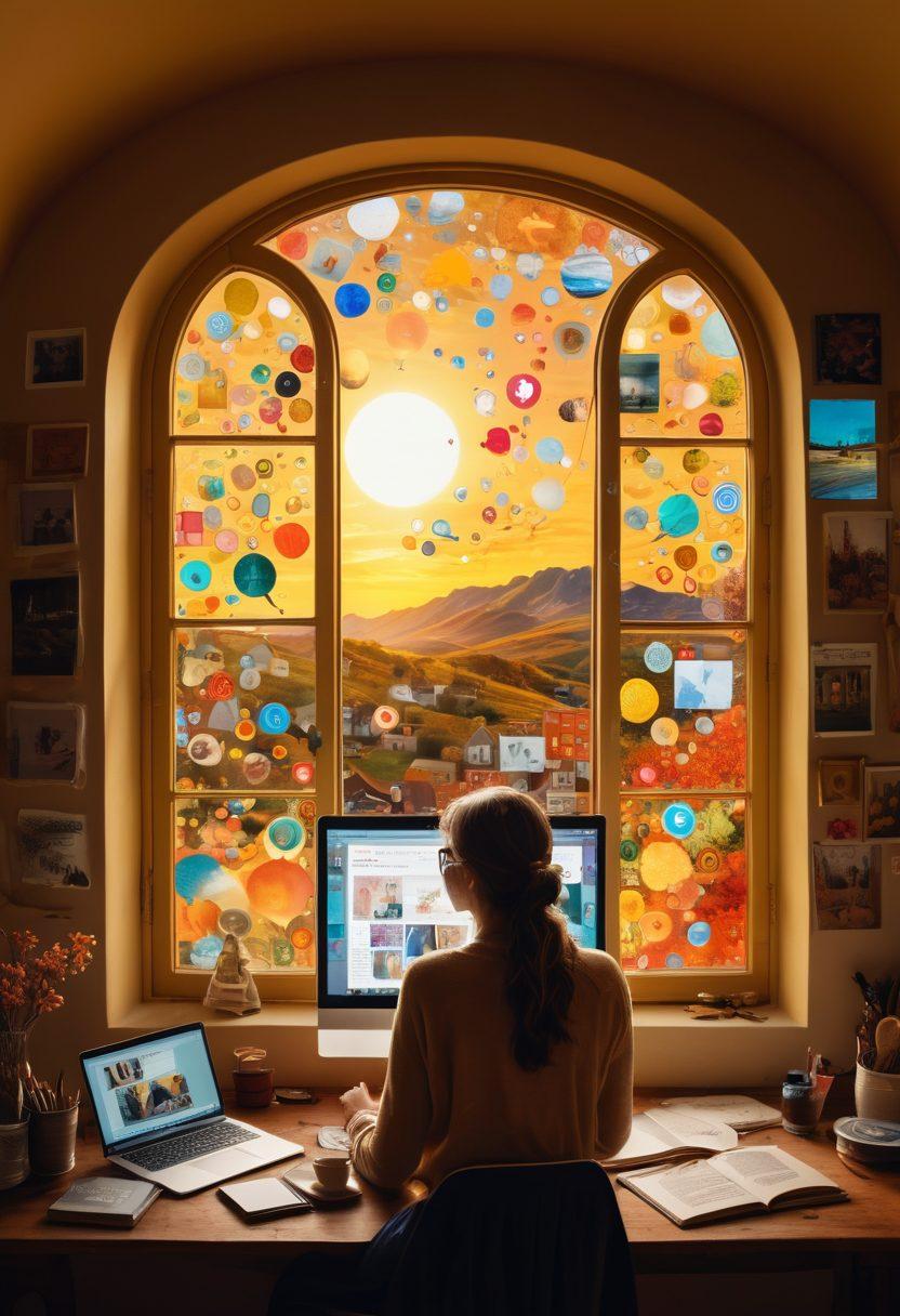 A vibrant collage representing diverse personal storytelling: an open laptop with a glowing screen displaying an inspiring blog, colorful thought bubbles with creative ideas, a person writing with a fountain pen surrounded by art supplies, and whimsical illustrations of stories coming to life. Infuse the scene with warm sunlight filtering through a window, symbolizing inspiration. super-realistic. vibrant colors.