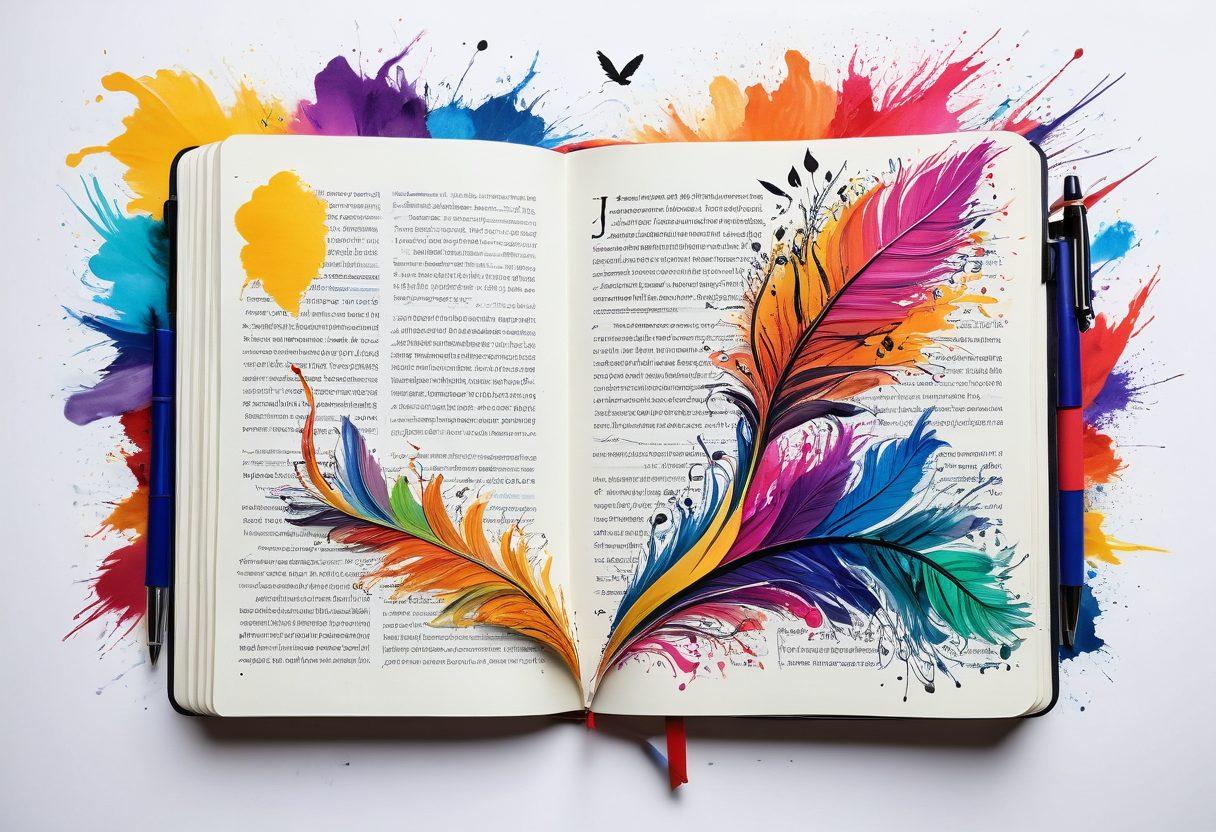 A vibrant and dynamic collage featuring a variety of storytelling elements such as an open notebook filled with colorful sketches, a quill pen inked with swirling ideas, and a captivating digital screen displaying diverse narrative visuals. The background should include abstract representations of emotions like joy, surprise, and suspense, symbolizing the art of storytelling. This illustration should evoke creativity and inspiration. super-realistic. vibrant colors. white background.